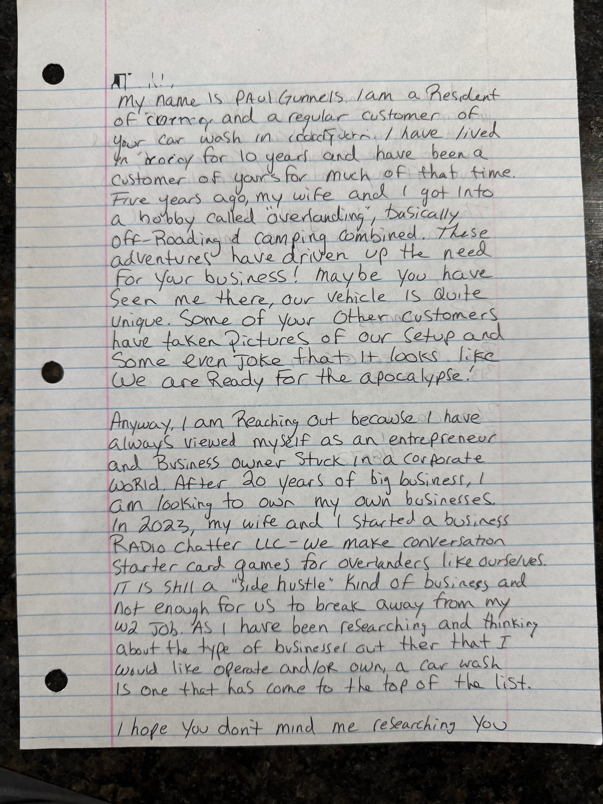 hand-written letter addressed to a car wash owner explaining why I am interested in his business