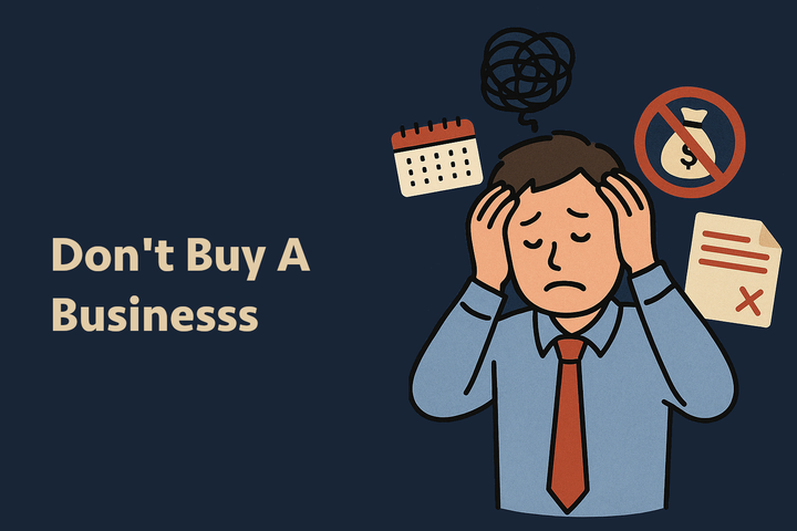 Cartoon of a man in a shirt and tie with his eyes closed, holding his head in frustration with images floating above him of documents, calendars, and money. Tagline is "Don't Buy a Business"